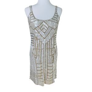 NEW Adrianna Papell Size 6 Beaded Sequins Mini Tank Dress Gold Cocktail Evening